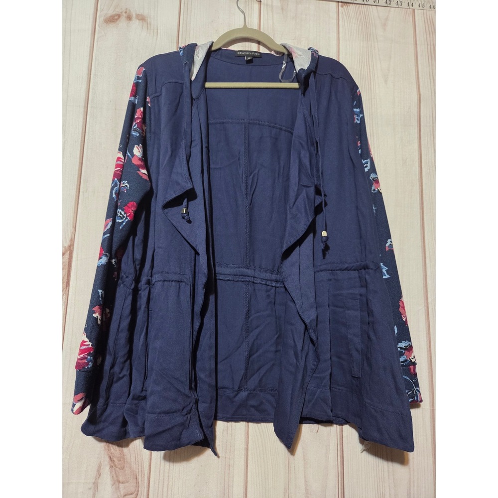 Signature Studio Navy Floral Sleeve Hooded Open Front Cardigan Jacket Womens M